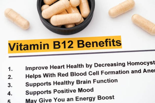 Vitamin B12 benefits list including heart health, brain function, and energy boost with capsules.