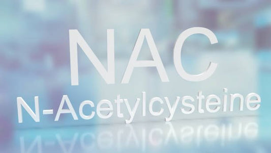 NAC, N-Acetylcystein, text on a blurred background related to dietary supplements.