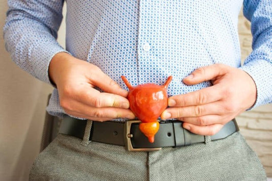 Man holding a model of the prostate as part of a health discussion regarding prostate supplements.