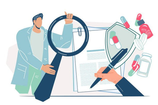 Illustration of a person examining a document with a magnifying glass and reviewing supplements for purity.
