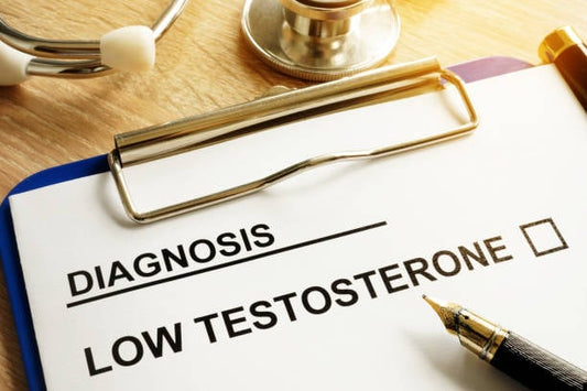 Diagnosis document indicating low testosterone levels with a pen and stethoscope.