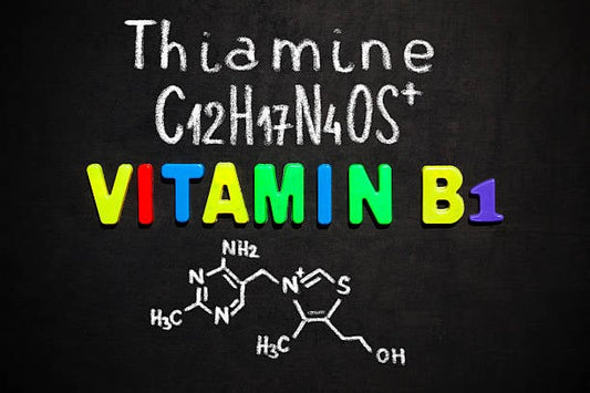 Colorful illustration of Thiamine, its chemical formula, and Vitamin B1 on a chalkboard.