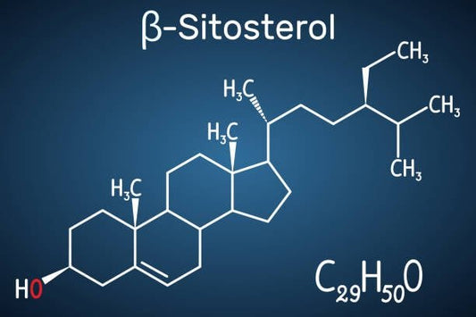 Strukturen av beta-sitosterol med kemiska formler och namn i en pedagogisk illustration.