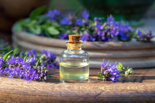 Bottle of essential oil surrounded by fresh hyssop flowers on a wooden surface.