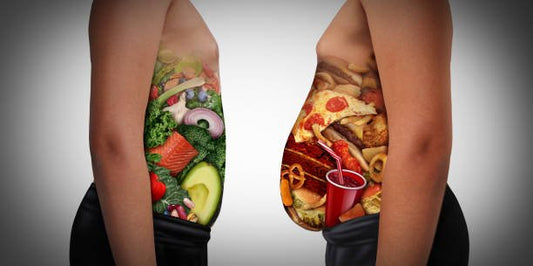 Illustration showing healthy foods on one side and unhealthy foods on the other, representing diet choices and their impact on health.