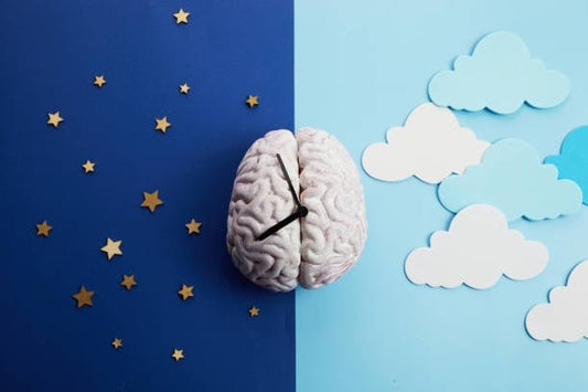 Conceptual image of a brain with a clock, symbolizing sleep cycles with stars and clouds in the background.