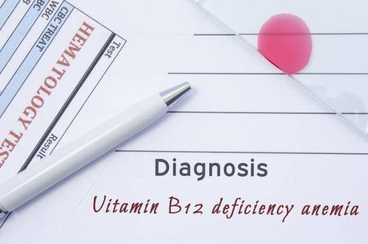 Diagnosis of vitamin B12 deficiency anemia on a medical report with test results.
