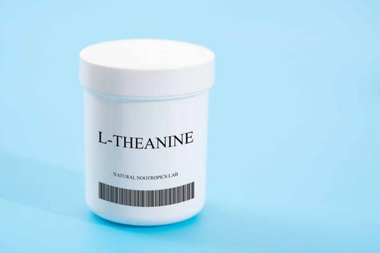 L-Theanine supplement container from Natural Nootropics Lab on a blue background.
