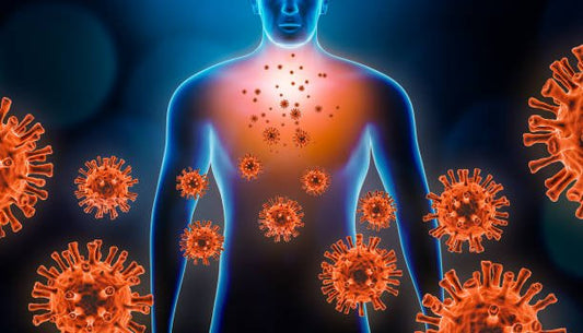 Illustration of a human figure surrounded by red and orange virus particles, depicting inflammation and immune response.