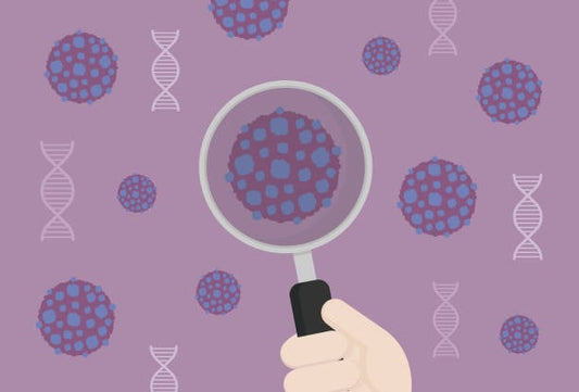 Illustration of a magnified virus with DNA strands in the background, symbolizing cancer research.