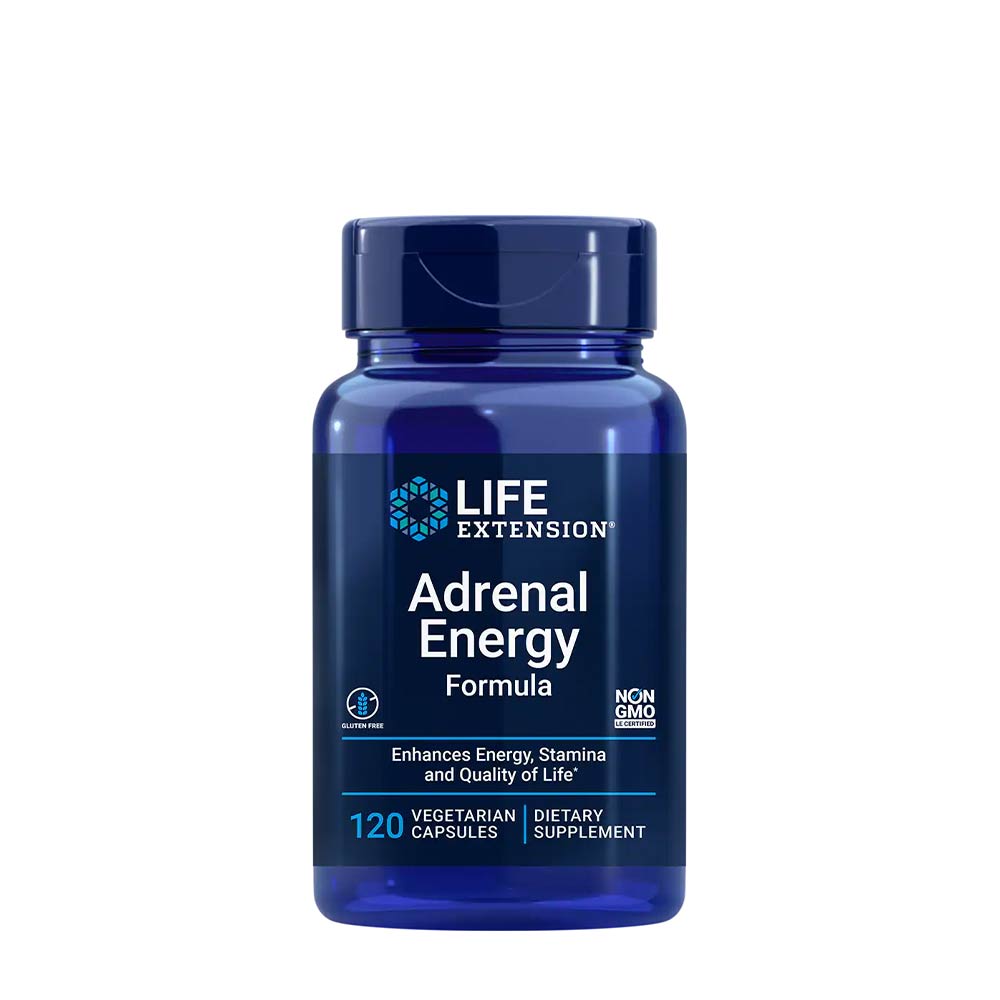 Life Extension Adrenal Energy Formula bottle, containing 120 vegetarian capsules for energy and stamina support.