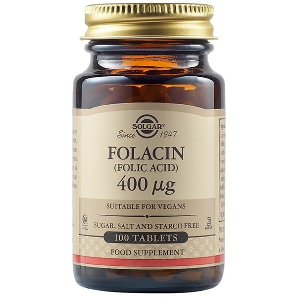 Folacin – Folsyra 400 mcg framsida på flaska