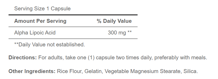 Puritan's Pride Alpha Lipoic Acid baksida näringsfakta