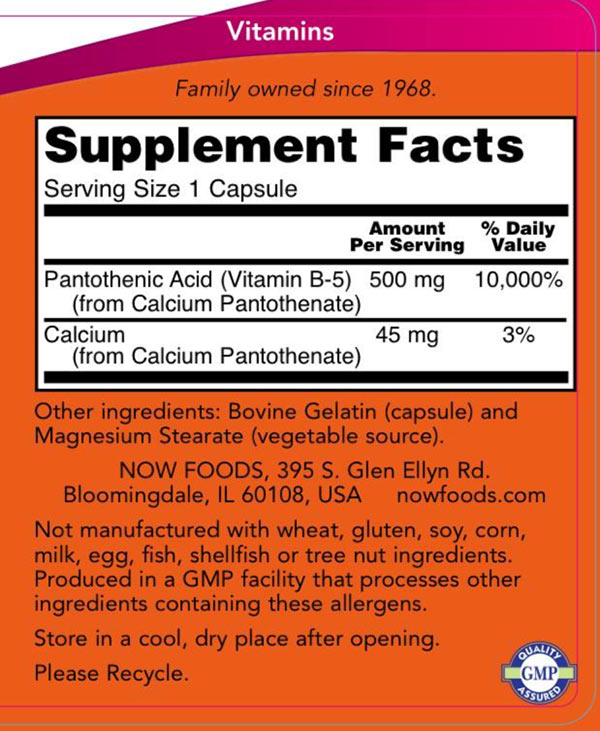 NOW Foods - Pantothenic Acid 500mg - 250 Caps