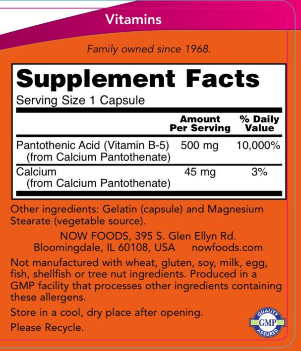 NOW Foods - Pantothenic Acid 500mg - 250 Caps