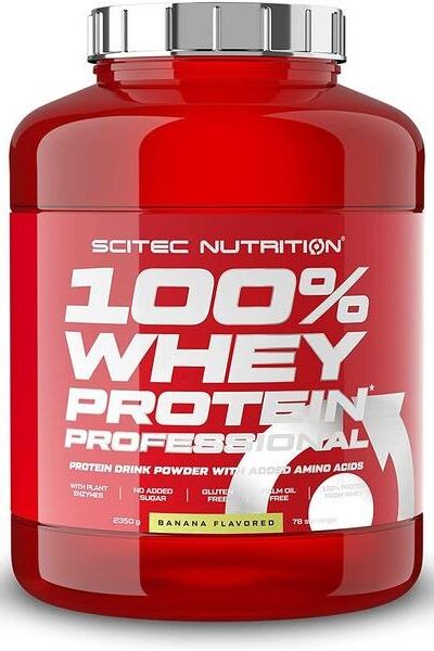 Scitec Nutrition 100% Whey Protein Professional in a red container, banana flavored, for muscle growth and maintenance.