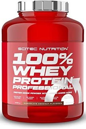 Scitec Nutrition 100% Whey Protein Professional in a red container, optimal for muscle growth and maintenance.