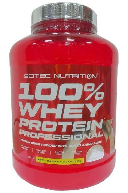 Scitec Nutrition 100% Whey Protein Professional in kiwi banana flavor, protein powder for muscle growth and maintenance.