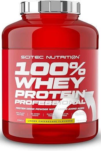 Scitec Nutrition 100% Whey Protein Professional in a red container, gluten-free protein drink powder with added amino acids.