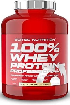 Scitec Nutrition 100% Whey Protein Professional tub, gluten-free, with added amino acids for muscle growth, vanilla berry flavor.