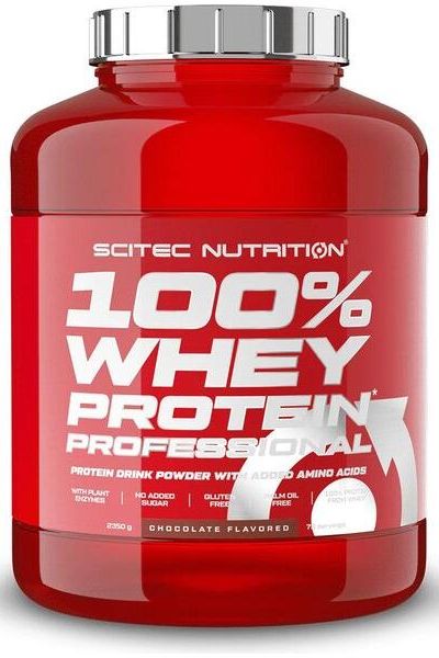 Scitec Nutrition 100% Whey Protein Professional in a red container, chocolate flavored protein drink powder.