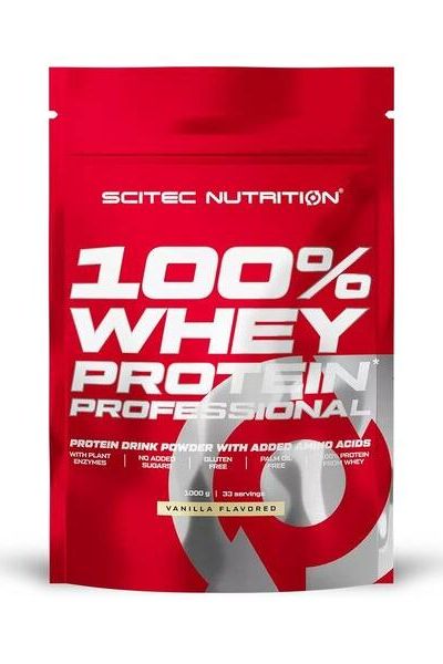 Scitec Nutrition 100% Whey Protein Professional vanilla flavored protein powder in red packaging for muscle growth.