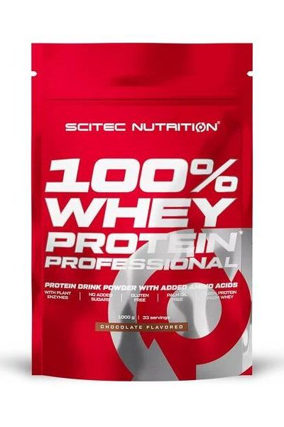 Scitec Nutrition 100% Whey Protein Professional chocolate flavored protein powder bag.