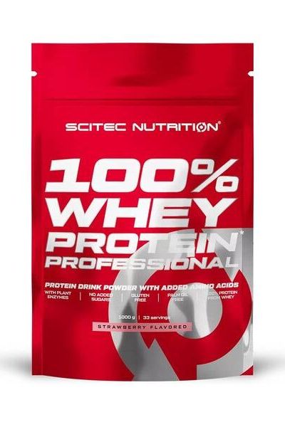 Scitec Nutrition 100% Whey Protein Professional strawberry flavored protein powder bag.