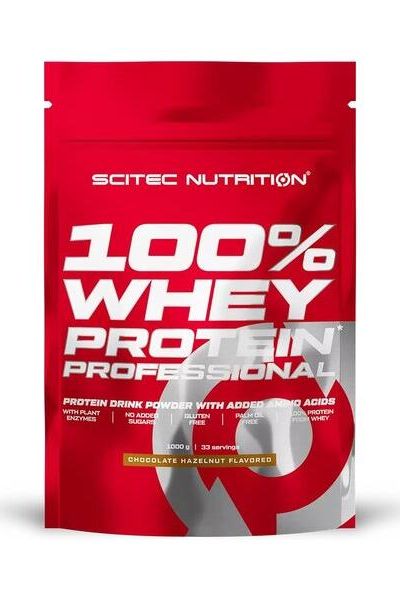 Scitec Nutrition 100% Whey Protein Professional in chocolate hazelnut flavor, featuring protein powder with added amino acids.