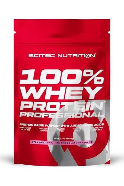 Scitec Nutrition 100% Whey Protein Professional, strawberry white chocolate flavor, protein drink powder for muscle growth.