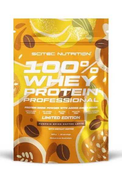 Scitec Nutrition 100% Whey Protein Professional limited edition packaging with pumpkin spice coffee latte flavor.
