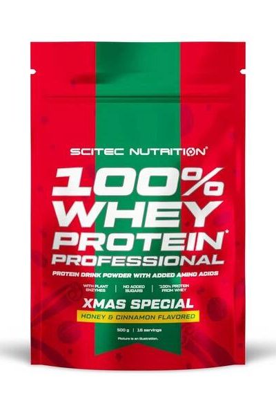 Scitec Nutrition 100% Whey Protein Professional packaging, Christmas special flavor, honey and cinnamon, 500g bag.