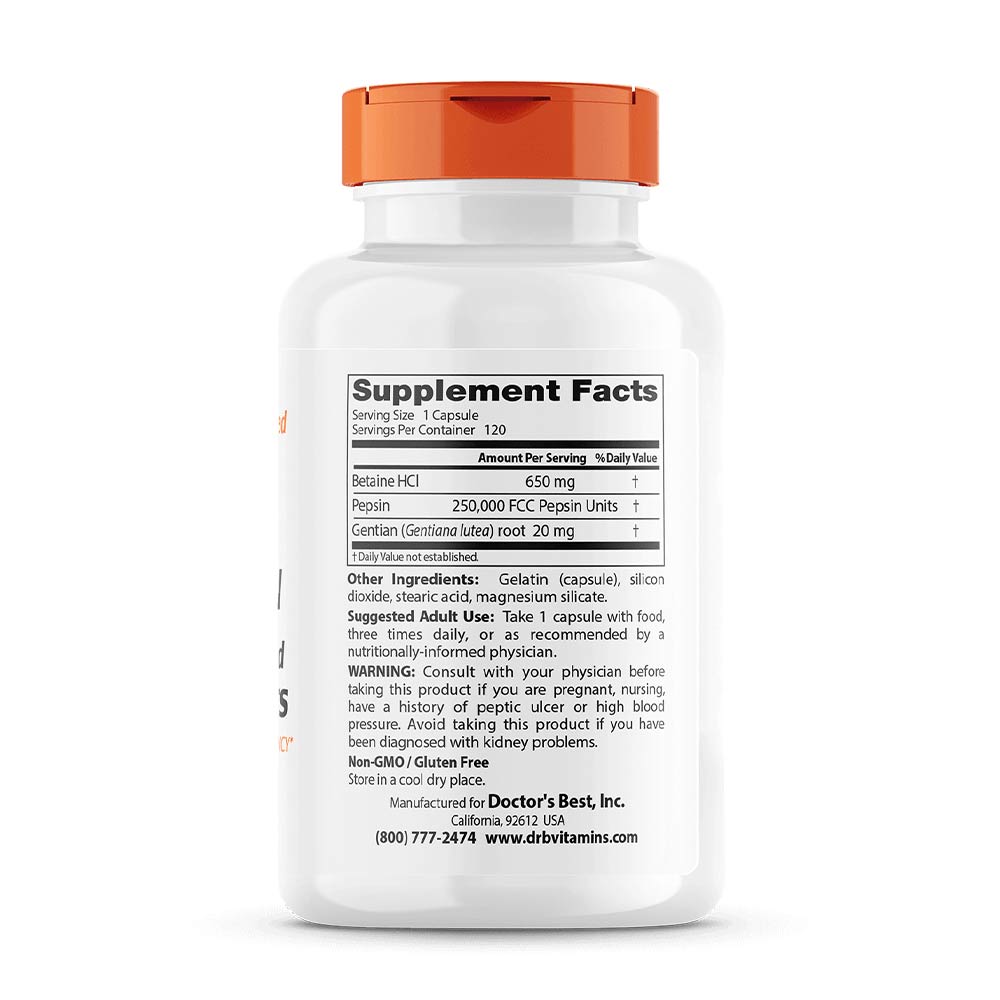 Doctor's Best - Betaine HCL Pepsin & Gentian Bitters - 120 Caps