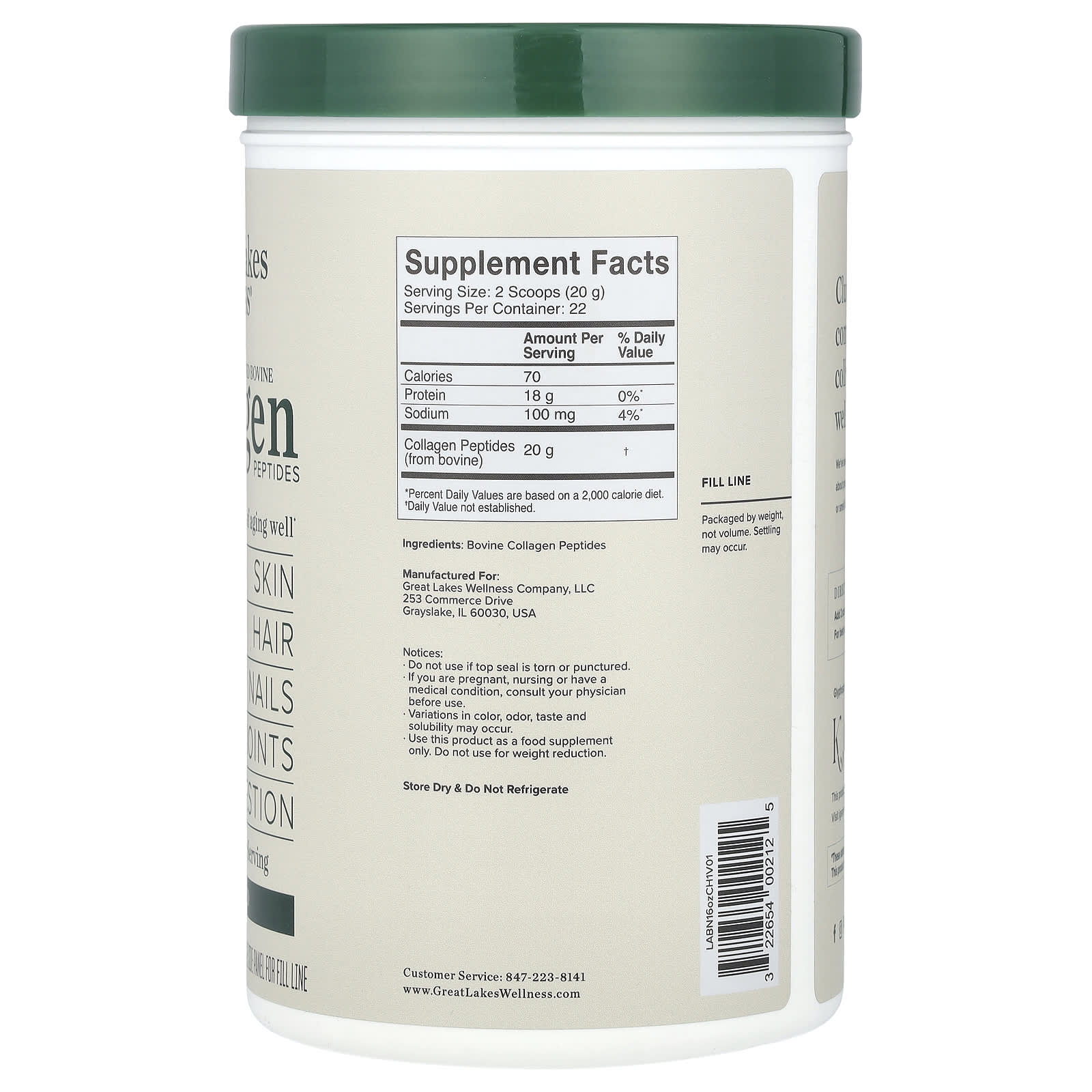 Great Lakes Wellness - Grass-Fed Bovine Collagen Peptides - 464g
