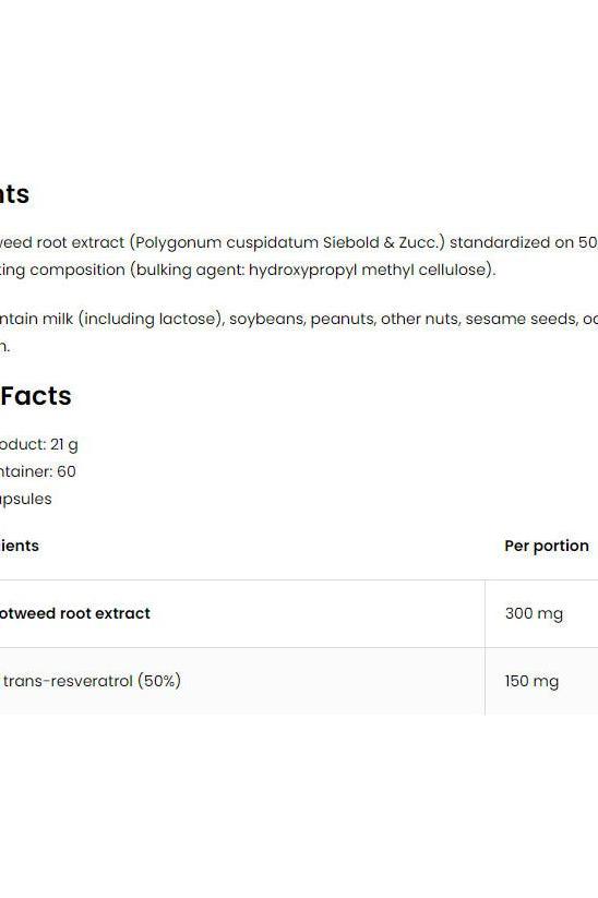 Nutritional facts and ingredients for OstroVit Resveratrol VEGE capsules, highlighting Japanese knotweed extract.