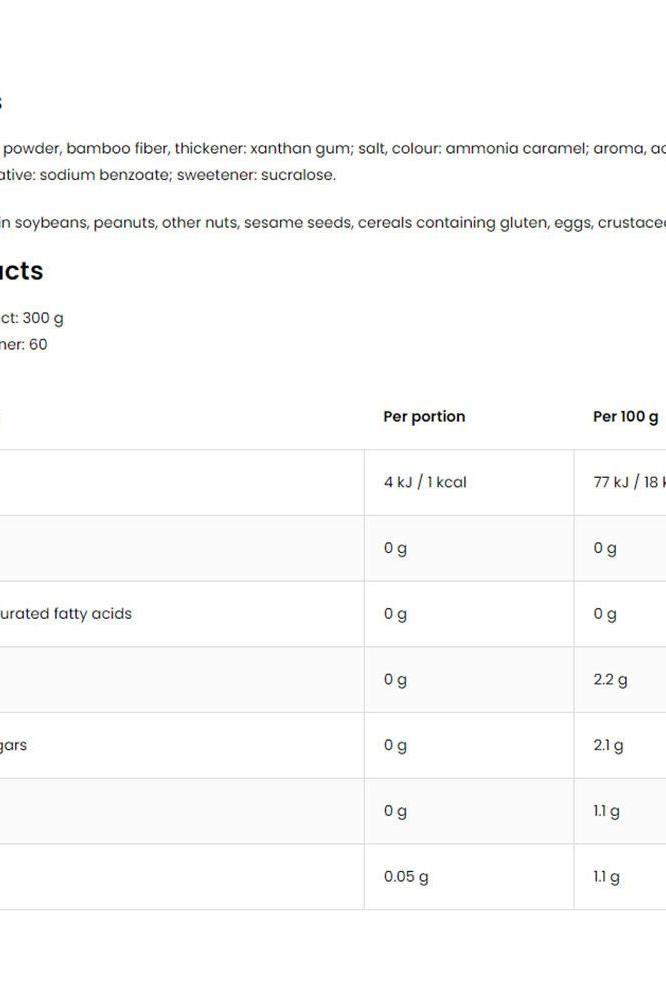 Nutritional information for OstroVit Salted Caramel Sauces, highlighting calories and ingredients per serving.