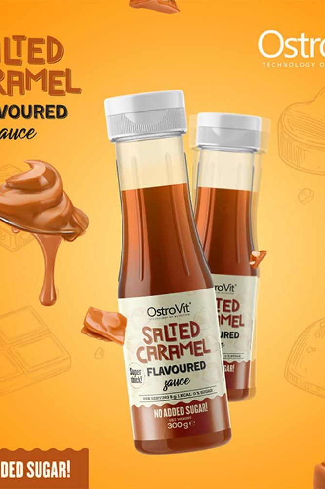 OstroVit Salted Caramel Flavoured Sauce in a 300g bottle, sugar-free, low calorie, and fiber-rich.