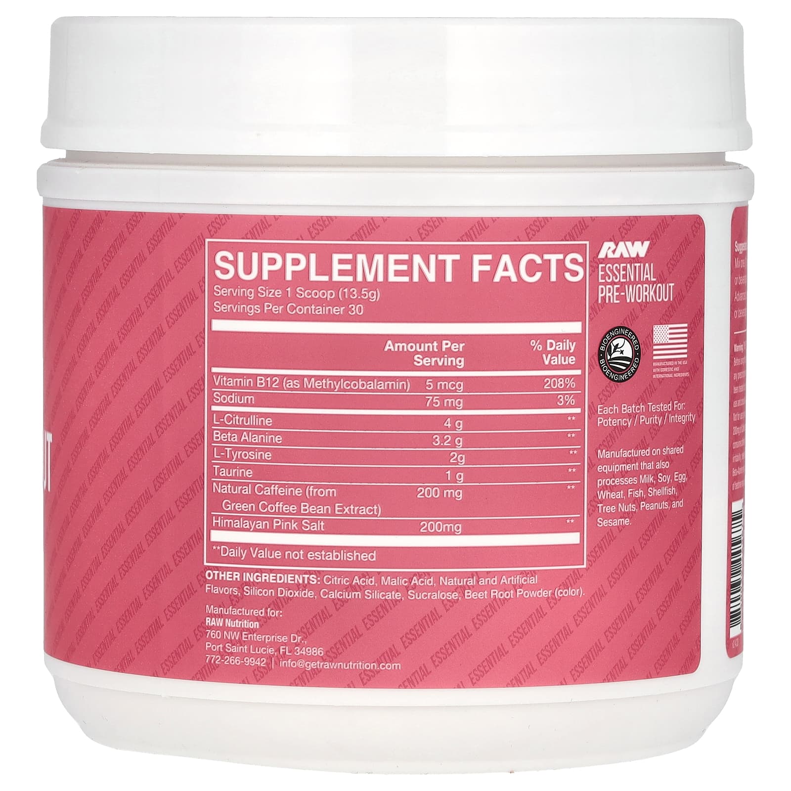 Cbum Essential Pre-Workout ingredienser etikett