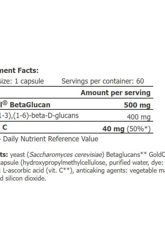 Supplement facts for Amix GreenDays ProVegan BetaGlucan showing beta-glucan and vitamin C content per capsule.
