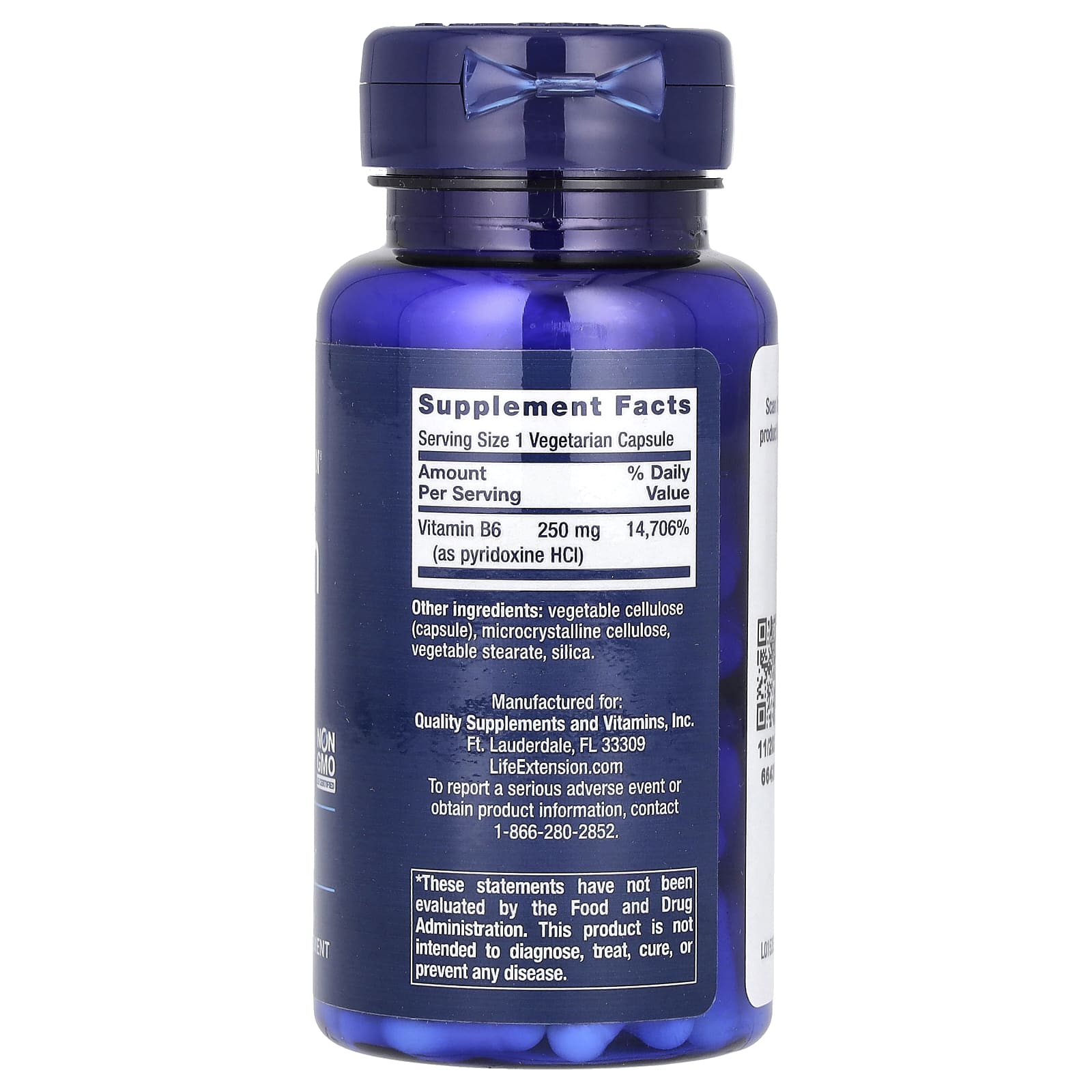Life Extension Vitamin B6 baksida näringsfakta