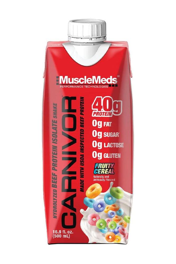 MuscleMeds Carnivor RTD Beef Protein Shake packaging with 40g protein, 0g fat, sugar, lactose, and gluten.