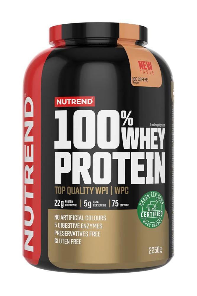 Nutrend 100% Whey Protein supplement with 22g protein per serving, gluten-free, and enhanced with digestive enzymes.