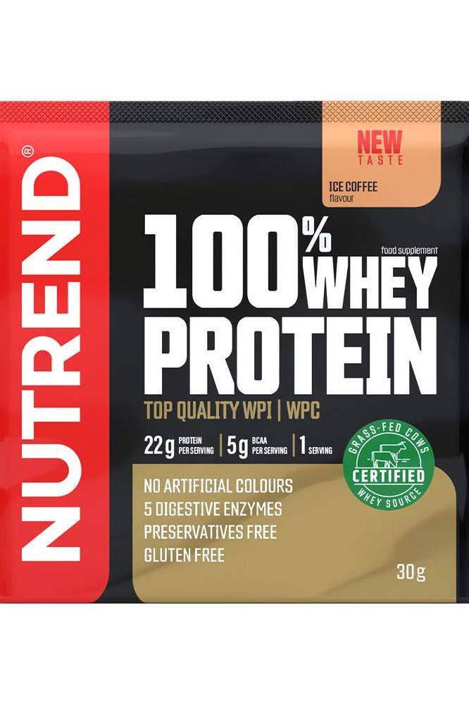 Nutrend 100% Whey Protein pack featuring ice coffee flavor, 22g protein, gluten-free, no artificial colors.