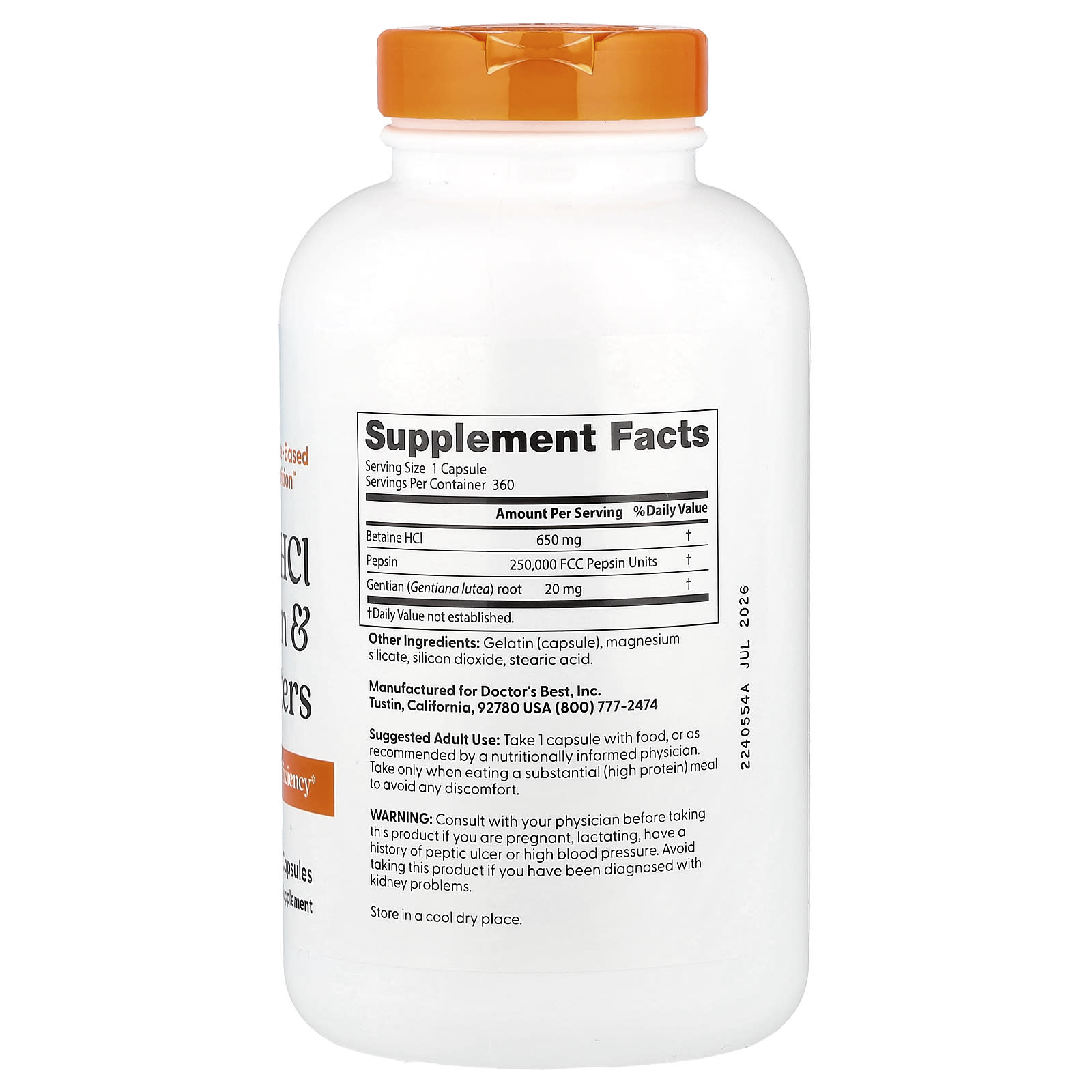 Doctor's Best Betaine HCL näringsfakta och dosering