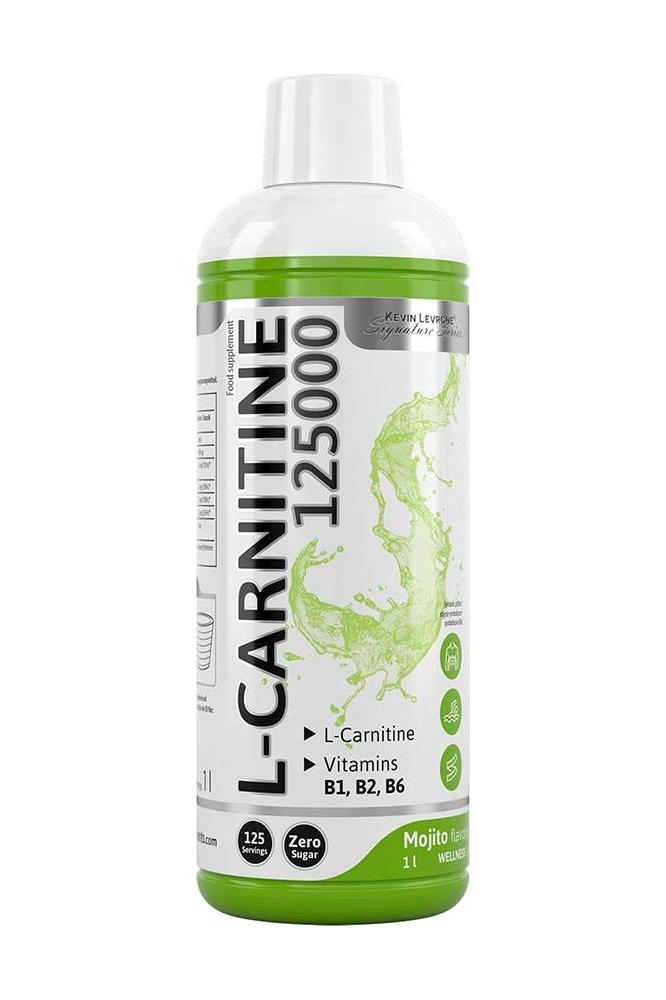 Kevin Levrone L-Carnitine 125000 liquid supplement with vitamins B1, B2, B6, Mojito flavor, supports fat burning and energy.