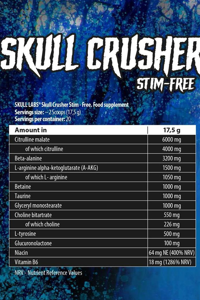 Ingredient list for Skull Labs - Skull Crusher Stim-Free pre-workout supplement with detailed dosages.