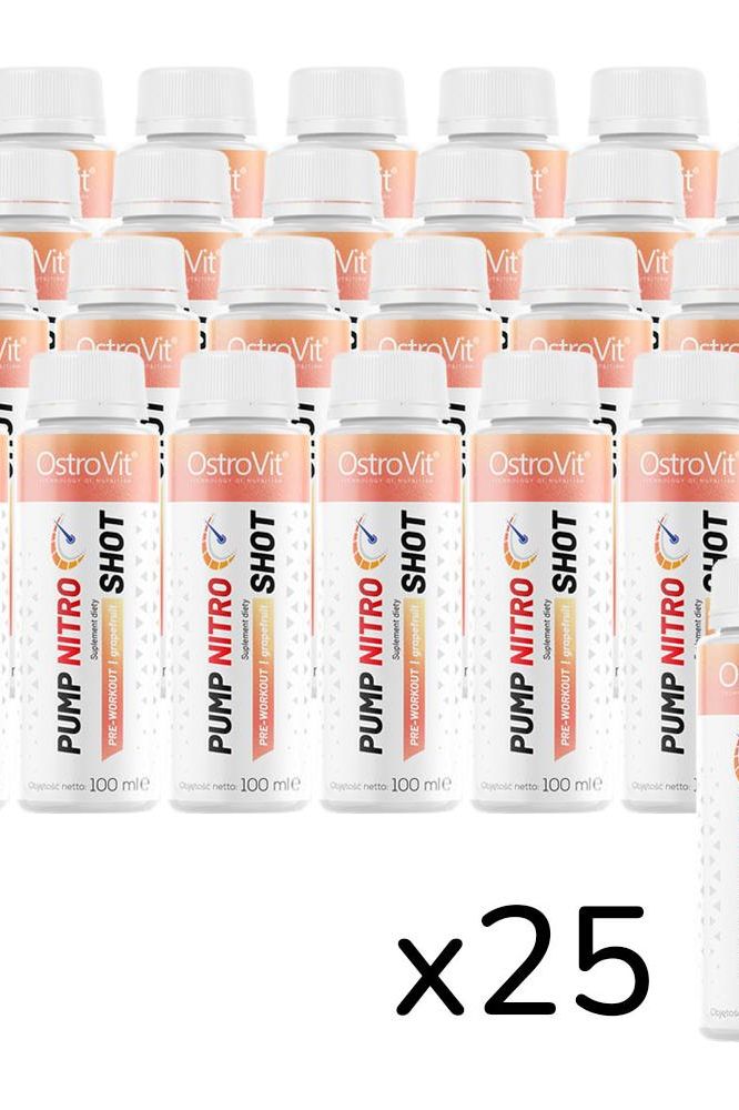 OstroVit Pump Nitro Shot energy boosters in a pack of 25 bottles, each 100 ml, for maximizing workout performance.