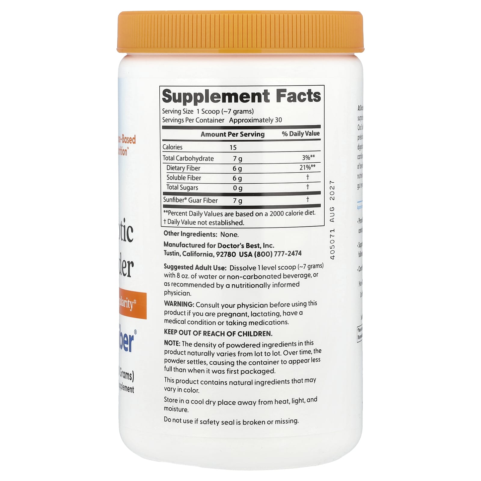 Prebiotic Powder – Sunfiber® baksida näringsfakta
