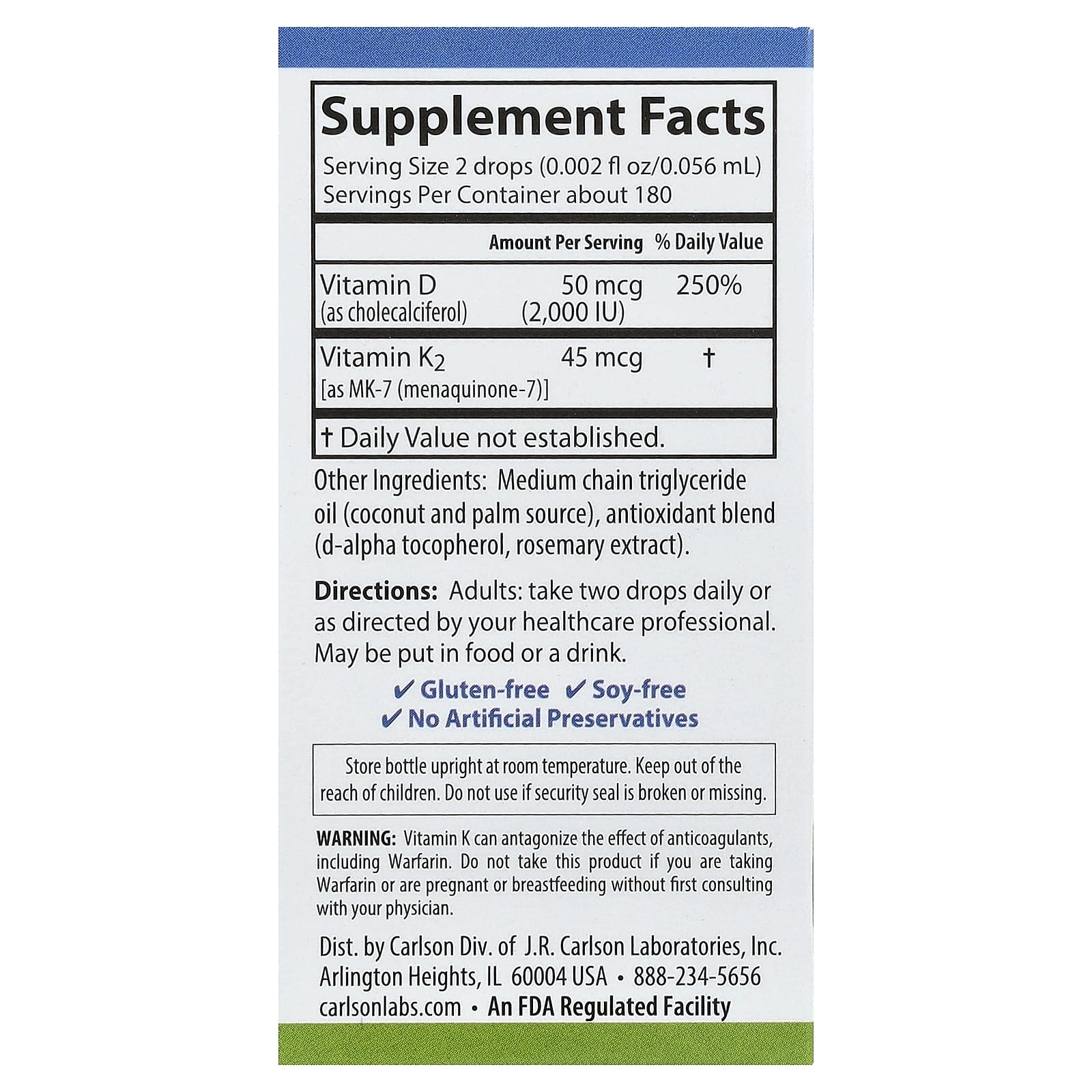 Carlson Labs Super Daily D3+K2 näringsfakta