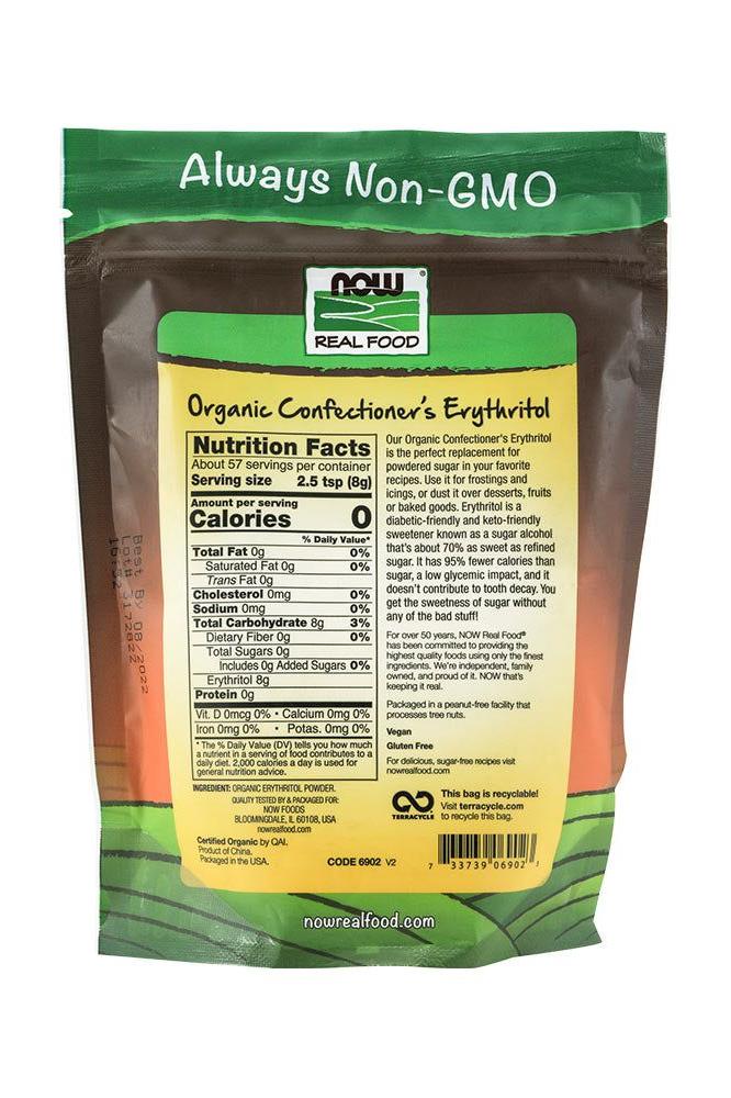 Now Foods Organic Confectioner's Erythritol packaging with nutrition facts and non-GMO label.